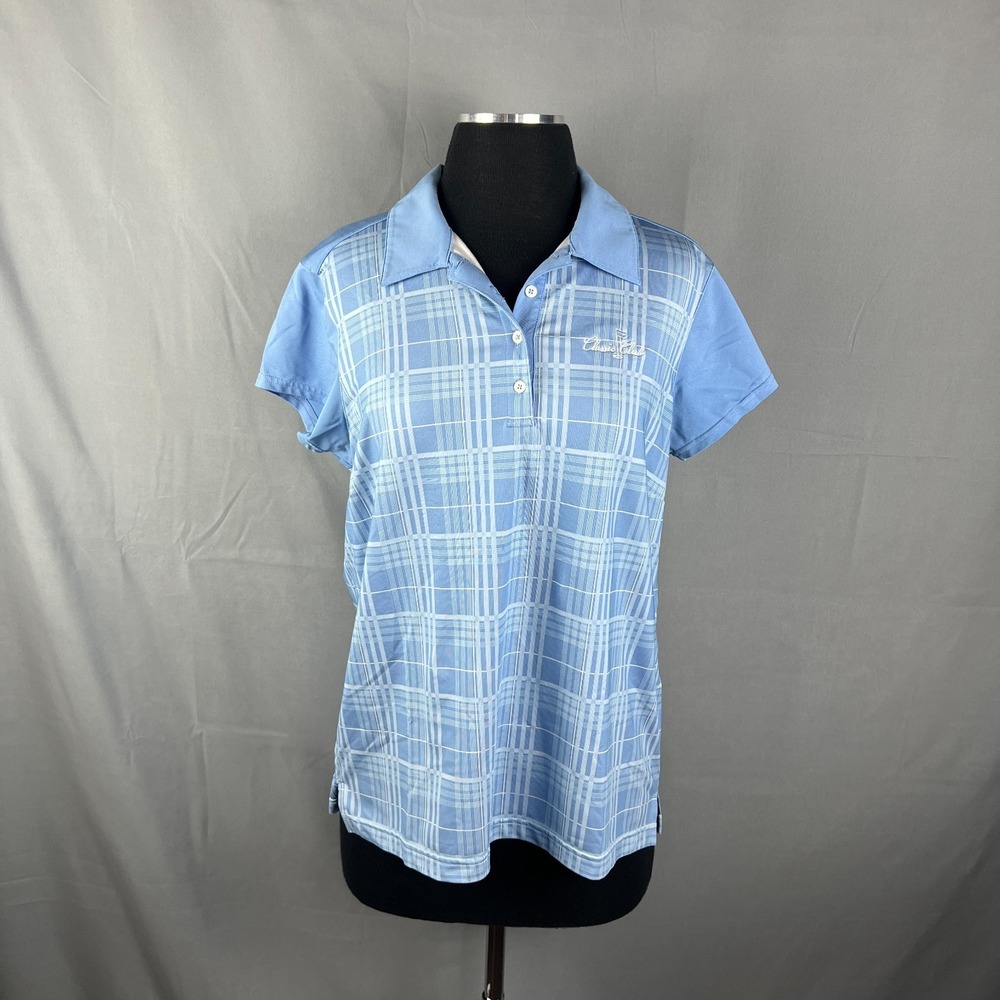 Adidas Climacool Polo Shirt Womens L Blue White Plaid Classic Club Embroidered